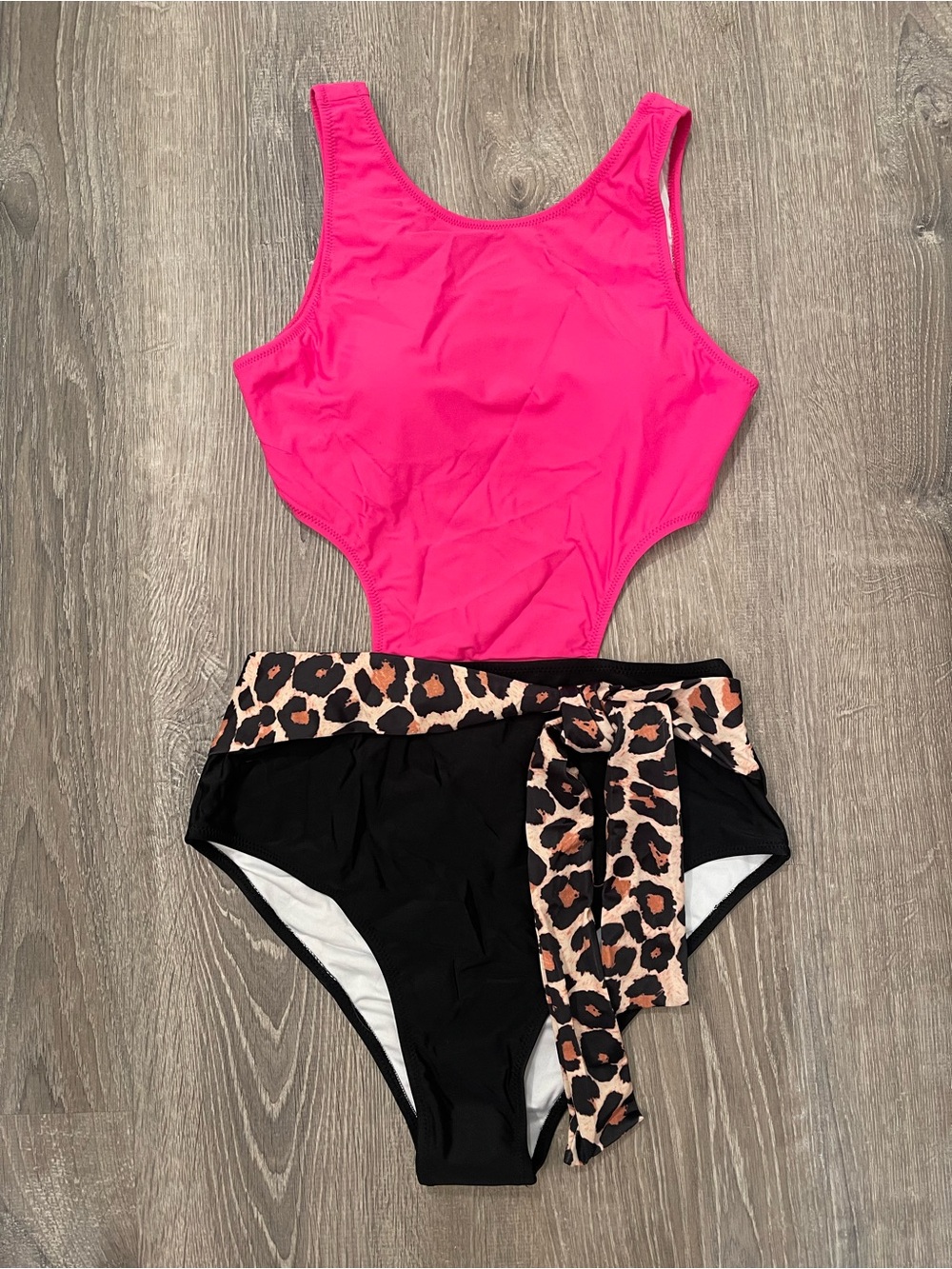 NEW Pink One-Piece Swimsuit with Leopard Accent Bikini Bottom size M